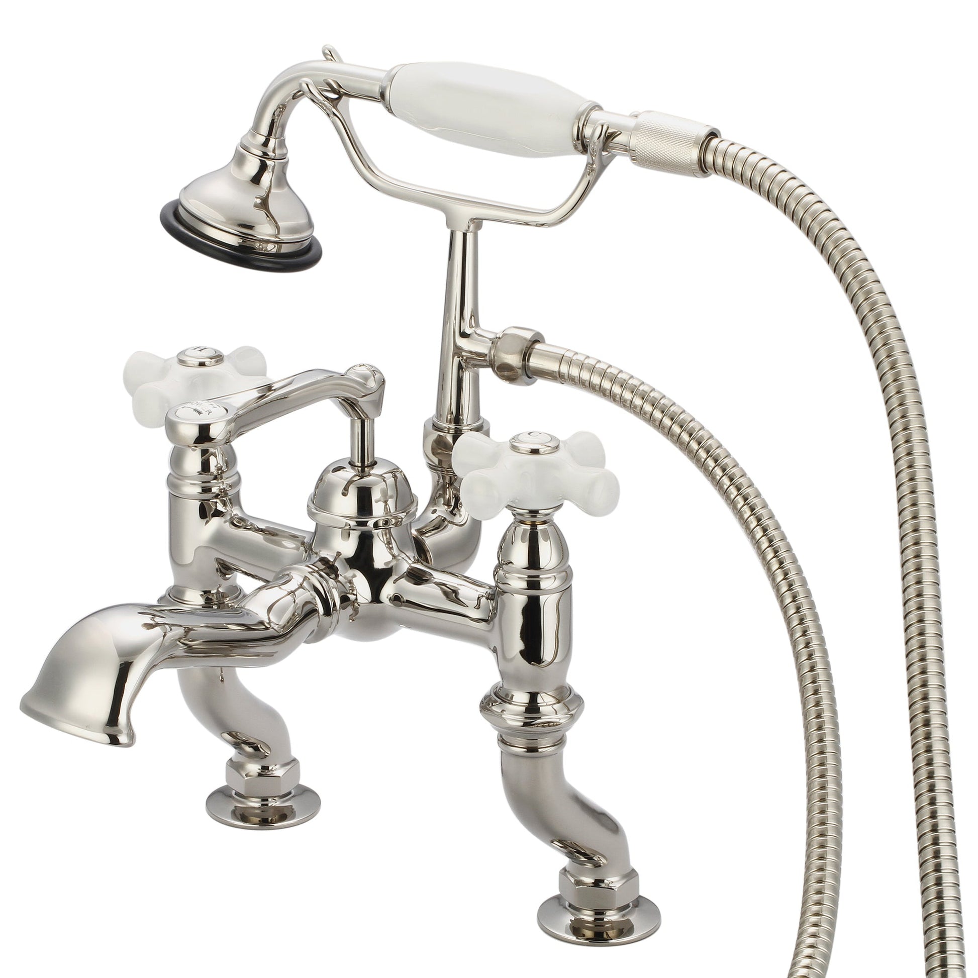 Water Creation Vintage Classic Adjustable Center Deck Mount Tub F6-0004 3.25" Ivory Solid Brass Faucet With Handheld Shower And Porcelain Cross Handles, Hot And Cold Labels Included