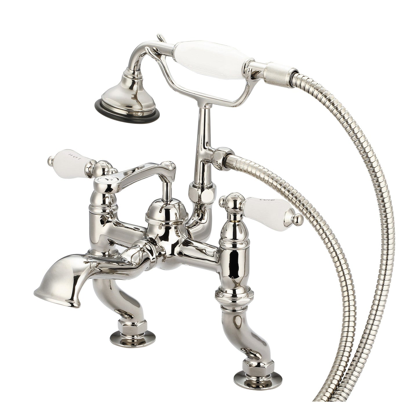 Water Creation Vintage Classic Adjustable Center Deck Mount Tub F6-0004 3.25" Ivory Solid Brass Faucet With Handheld Shower And Porcelain Lever Handles, Hot And Cold Labels Included
