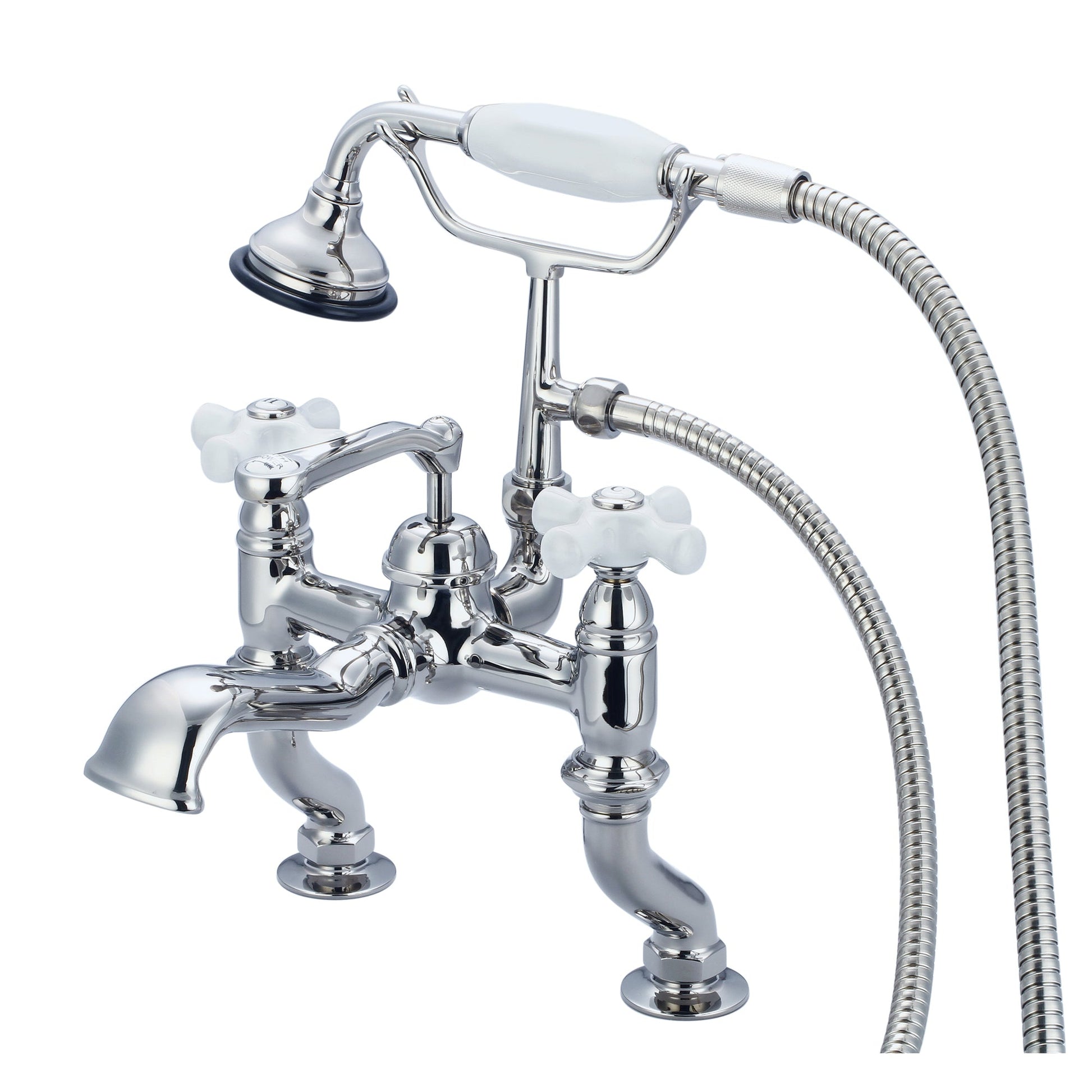 Water Creation Vintage Classic Adjustable Center Deck Mount Tub F6-0004 3.25" Silver Solid Brass Faucet With Handheld Shower And Porcelain Cross Handles, Hot And Cold Labels Included