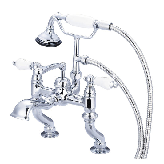 Water Creation Vintage Classic Adjustable Center Deck Mount Tub F6-0004 3.25" Silver Solid Brass Faucet With Handheld Shower And Porcelain Lever Handles, Hot And Cold Labels Included