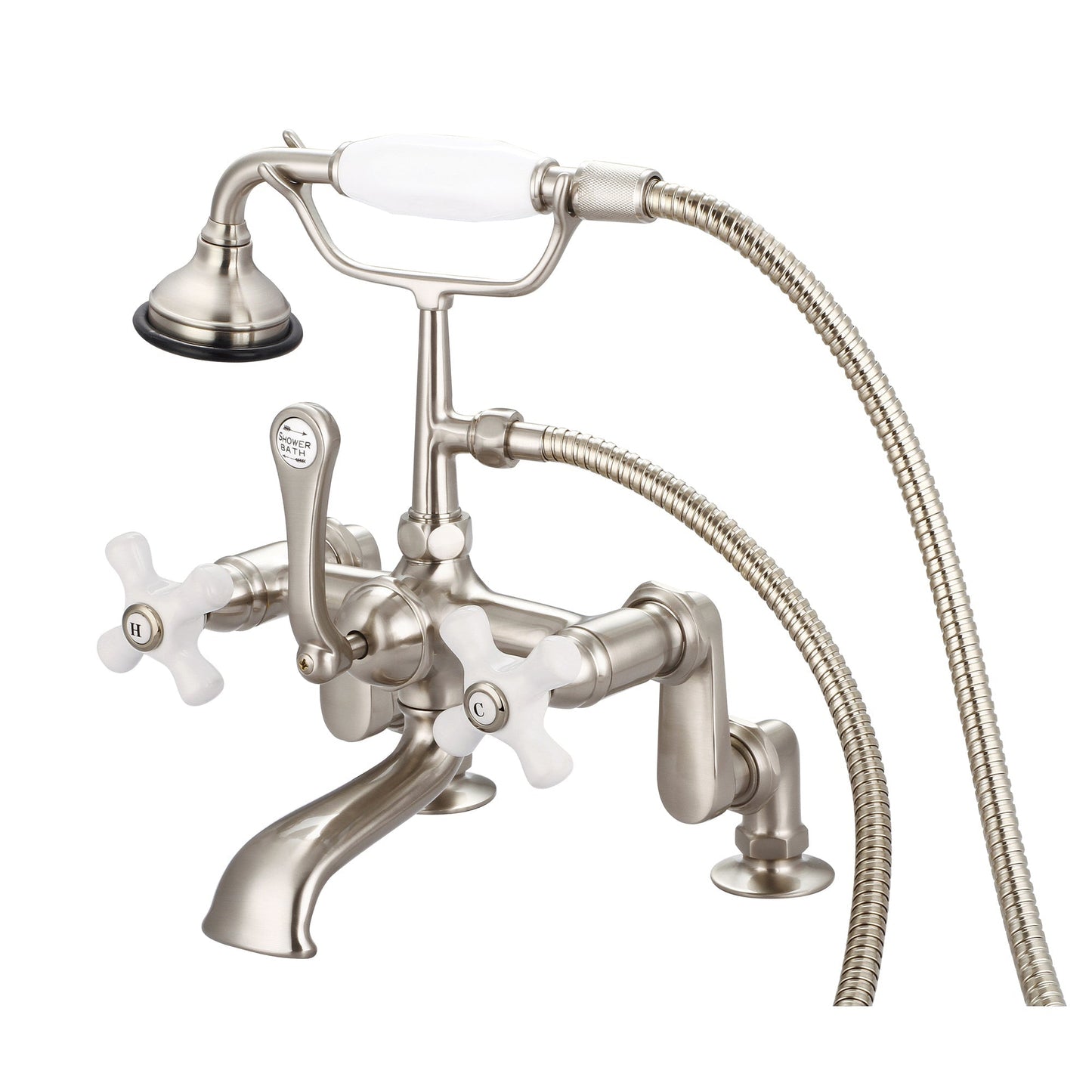 Water Creation Vintage Classic Adjustable Center Deck Mount Tub F6-0008 7" Grey Solid Brass Faucet With Handheld Shower And Porcelain Cross Handles, Hot And Cold Labels Included