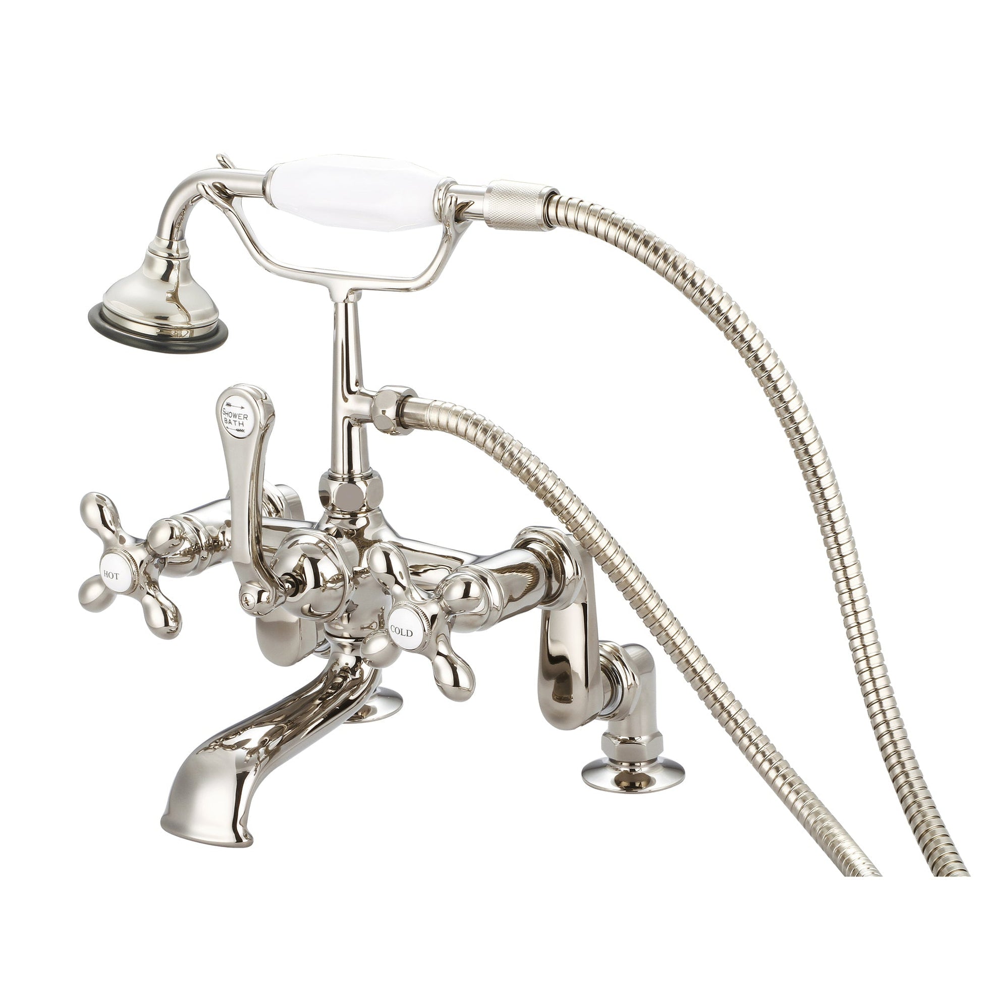 Water Creation Vintage Classic Adjustable Center Deck Mount Tub F6-0008 7" Ivory Solid Brass Faucet With Handheld Shower And Metal Lever Handles, Hot And Cold Labels Included