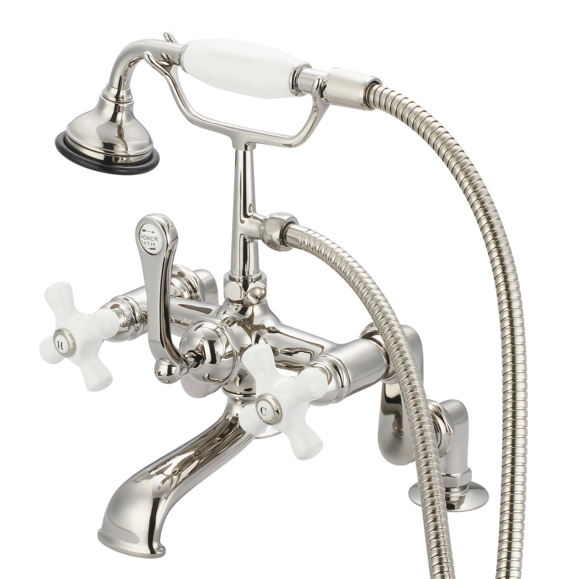 Water Creation Vintage Classic Adjustable Center Deck Mount Tub F6-0008 7" Ivory Solid Brass Faucet With Handheld Shower And Porcelain Cross Handles, Hot And Cold Labels Included