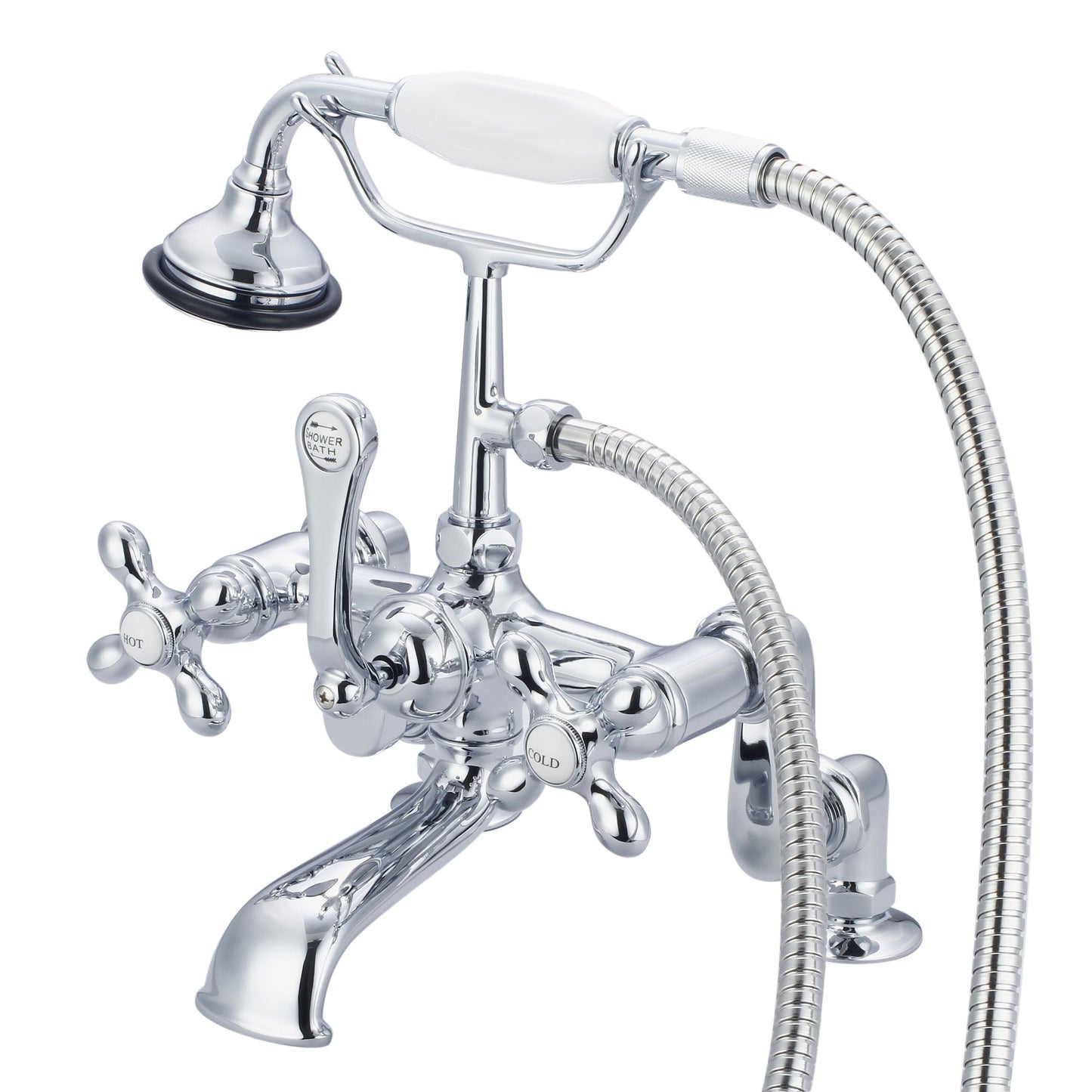 Water Creation Vintage Classic Adjustable Center Deck Mount Tub F6-0008 7" Silver Solid Brass Faucet With Handheld Shower And Metal Lever Handles, Hot And Cold Labels Included