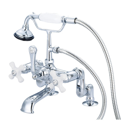 Water Creation Vintage Classic Adjustable Center Deck Mount Tub F6-0008 7" Silver Solid Brass Faucet With Handheld Shower And Porcelain Cross Handles, Hot And Cold Labels Included