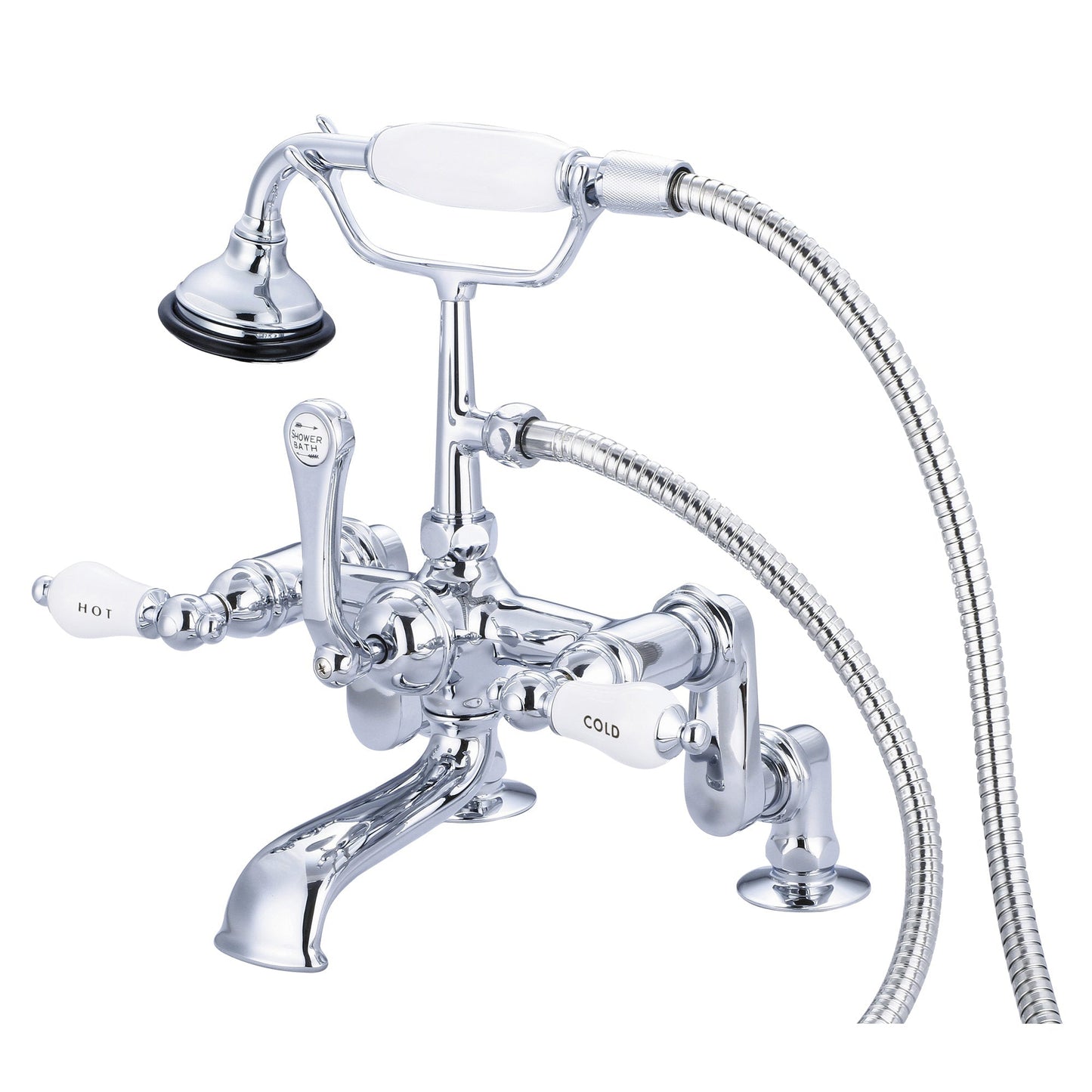 Water Creation Vintage Classic Adjustable Center Deck Mount Tub F6-0008 7" Silver Solid Brass Faucet With Handheld Shower And Porcelain Lever Handles, Hot And Cold Labels Included