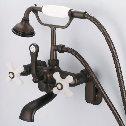 Water Creation Vintage Classic Adjustable Center Deck Mount Tub F6-0009 7" Brown Solid Brass Faucet With Swivel Wall Connector And Handheld Shower And Porcelain Cross Handles, Hot And Cold Labels Included
