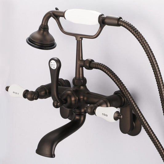 Water Creation Vintage Classic Adjustable Center Deck Mount Tub F6-0009 7" Brown Solid Brass Faucet With Swivel Wall Connector And Handheld Shower And Porcelain Lever Handles, Hot And Cold Labels Included
