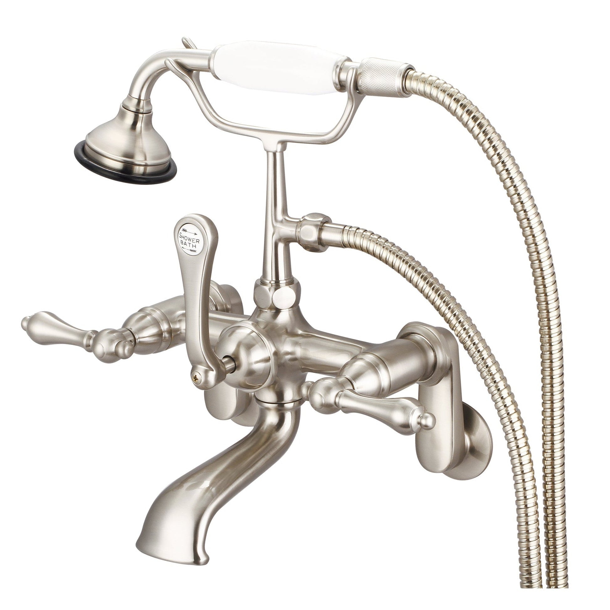 Water Creation Vintage Classic Adjustable Center Deck Mount Tub F6-0009 7" Grey Solid Brass Faucet With Swivel Wall Connector And Handheld Shower And Metal Lever Handles Without Labels