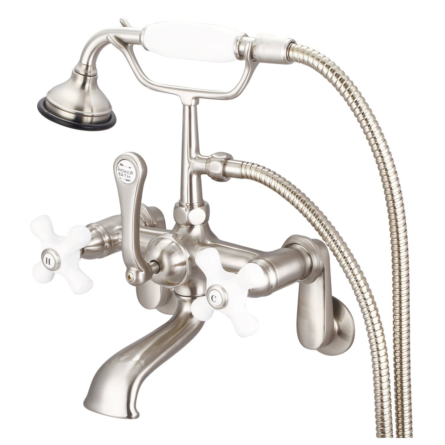 Water Creation Vintage Classic Adjustable Center Deck Mount Tub F6-0009 7" Grey Solid Brass Faucet With Swivel Wall Connector And Handheld Shower And Porcelain Cross Handles, Hot And Cold Labels Included