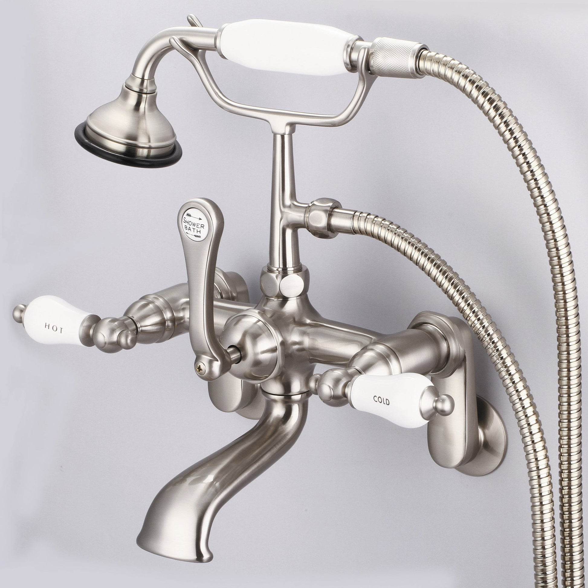 Water Creation Vintage Classic Adjustable Center Deck Mount Tub F6-0009 7" Grey Solid Brass Faucet With Swivel Wall Connector And Handheld Shower And Porcelain Lever Handles, Hot And Cold Labels Included