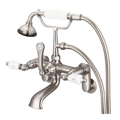Water Creation Vintage Classic Adjustable Center Deck Mount Tub F6-0009 7" Grey Solid Brass Faucet With Swivel Wall Connector And Handheld Shower And Porcelain Lever Handles, Hot And Cold Labels Included