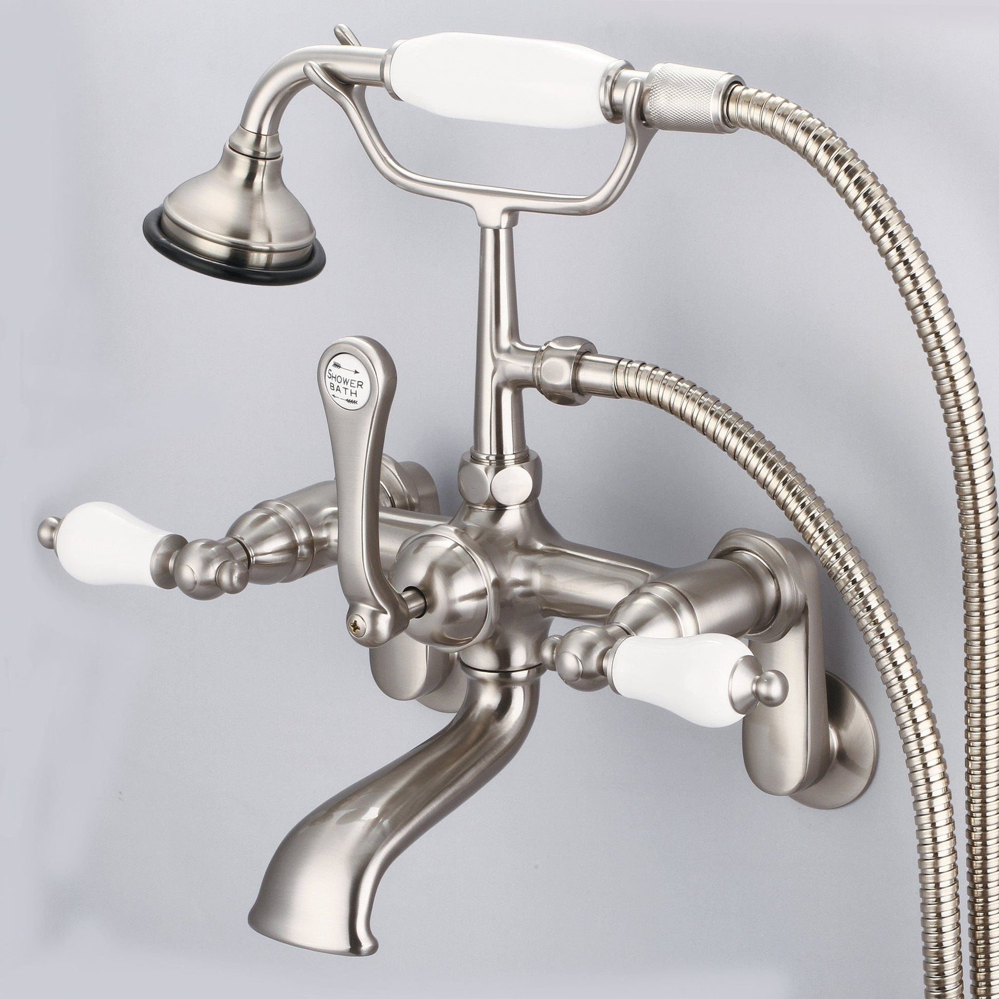 Water Creation Vintage Classic Adjustable Center Deck Mount Tub F6-0009 7" Grey Solid Brass Faucet With Swivel Wall Connector And Handheld Shower And Porcelain Lever Handles Without Labels