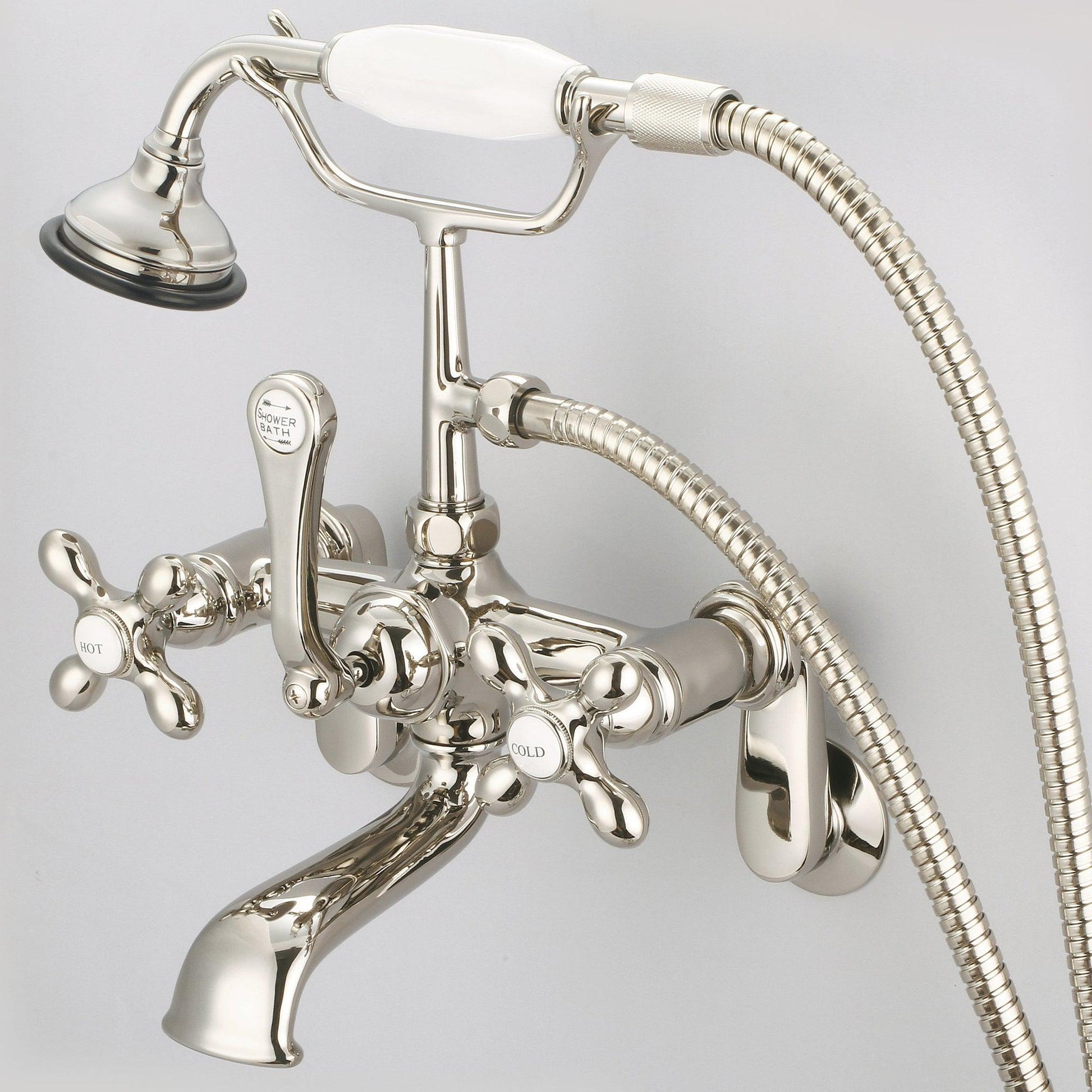 Water Creation Vintage Classic Adjustable Center Deck Mount Tub F6-0009 7" Ivory Solid Brass Faucet With Swivel Wall Connector And Handheld Shower And Metal Lever Handles, Hot And Cold Labels Included