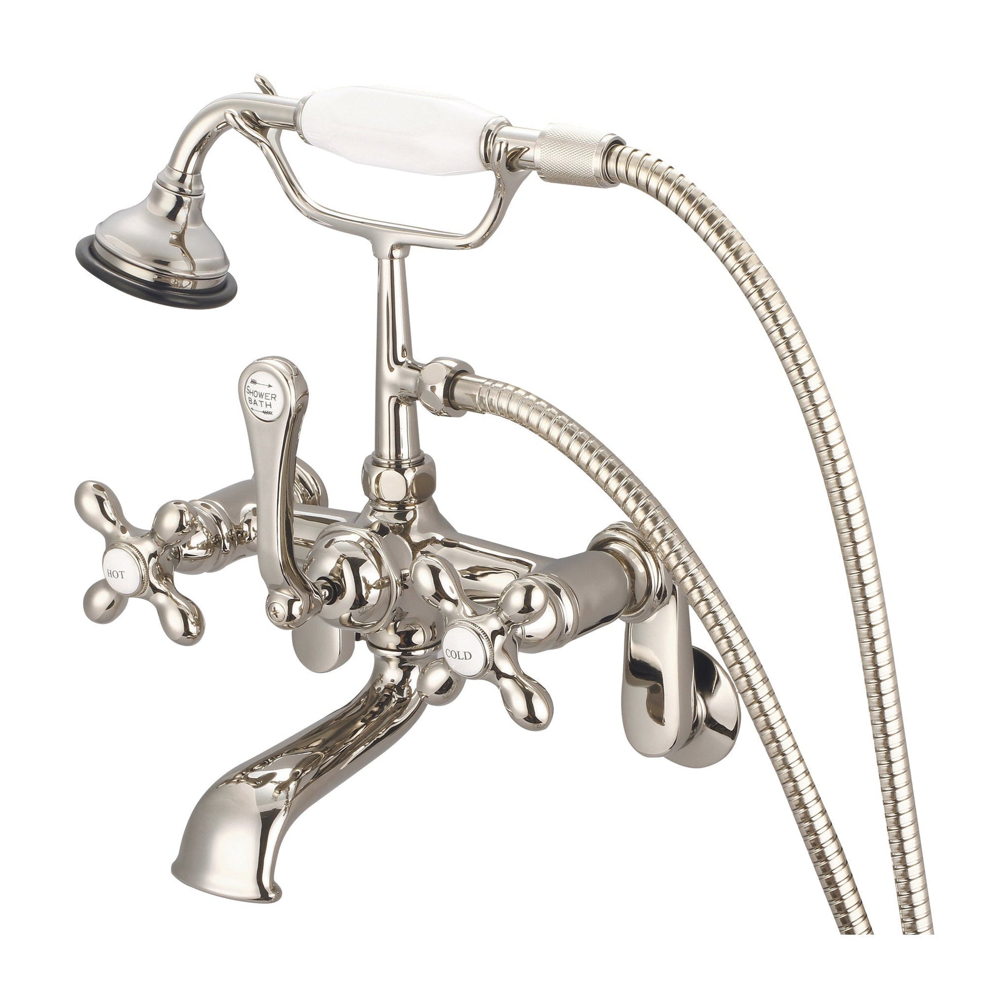 Water Creation Vintage Classic Adjustable Center Deck Mount Tub F6-0009 7" Ivory Solid Brass Faucet With Swivel Wall Connector And Handheld Shower And Metal Lever Handles, Hot And Cold Labels Included