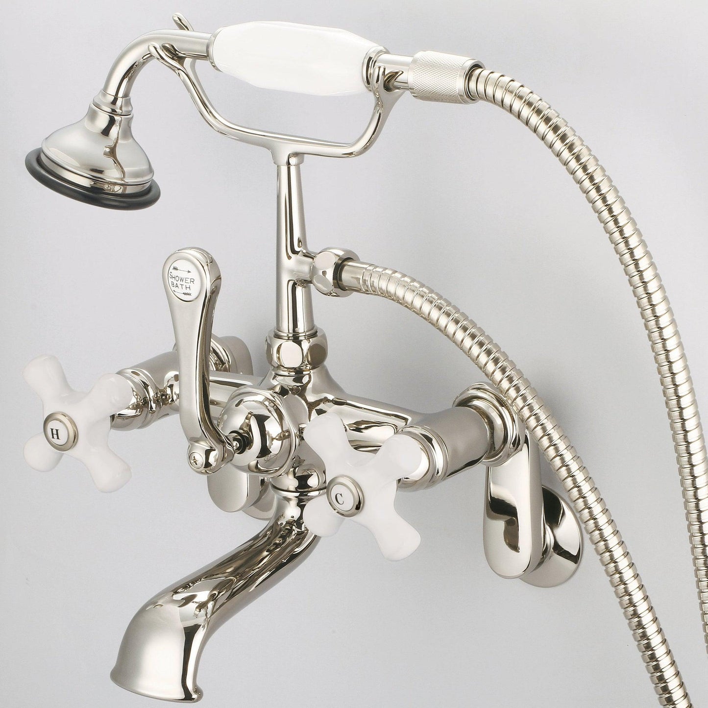 Water Creation Vintage Classic Adjustable Center Deck Mount Tub F6-0009 7" Ivory Solid Brass Faucet With Swivel Wall Connector And Handheld Shower And Porcelain Cross Handles, Hot And Cold Labels Included