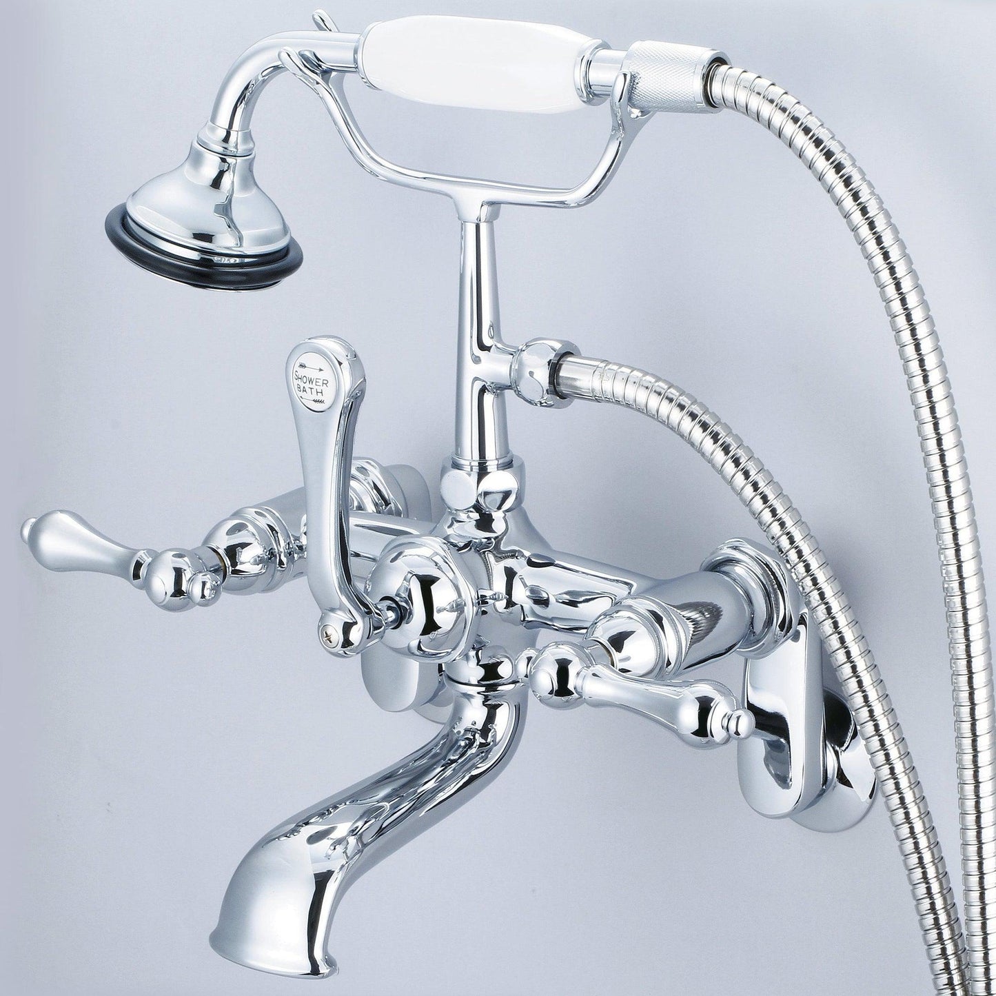 Water Creation Vintage Classic Adjustable Center Deck Mount Tub F6-0009 7" Silver Solid Brass Faucet With Swivel Wall Connector And Handheld Shower And Metal Lever Handles Without Labels