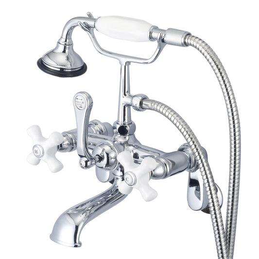Water Creation Vintage Classic Adjustable Center Deck Mount Tub F6-0009 7" Silver Solid Brass Faucet With Swivel Wall Connector And Handheld Shower And Porcelain Cross Handles, Hot And Cold Labels Included