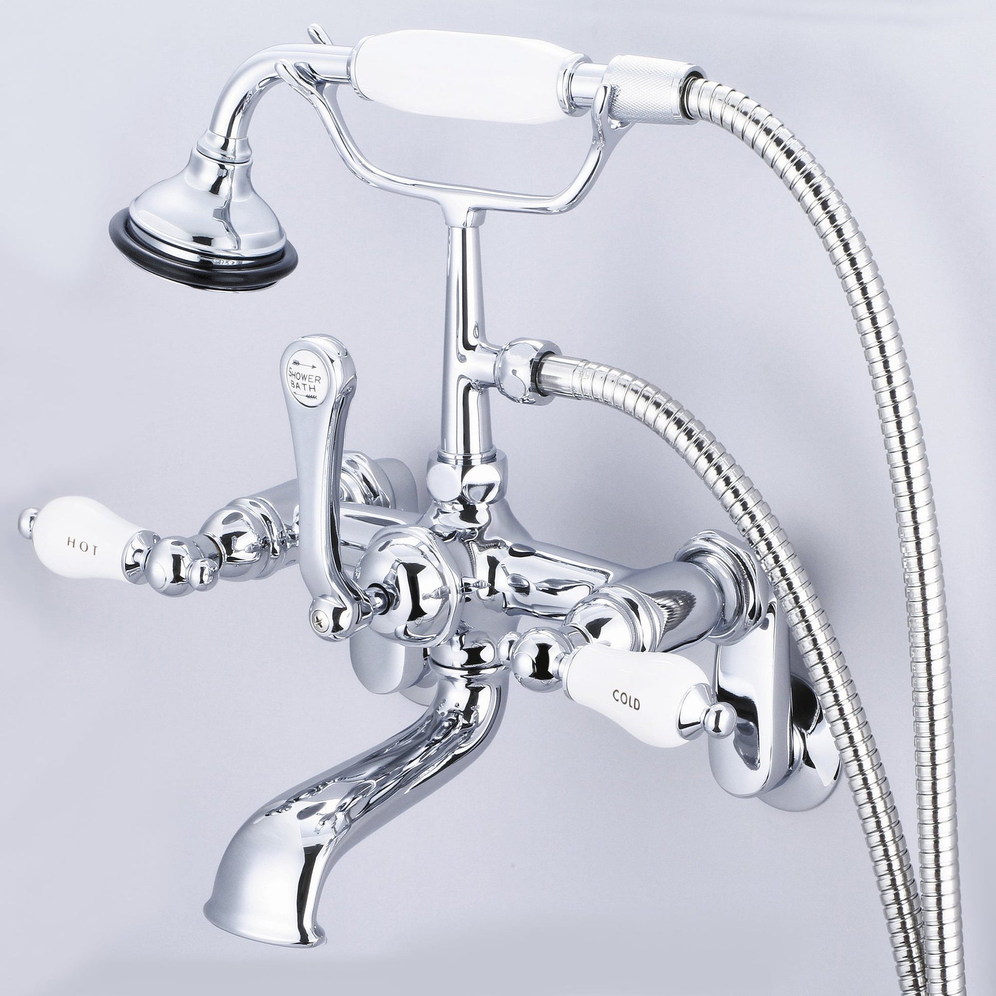 Water Creation Vintage Classic Adjustable Center Deck Mount Tub F6-0009 7" Silver Solid Brass Faucet With Swivel Wall Connector And Handheld Shower And Porcelain Lever Handles, Hot And Cold Labels Included