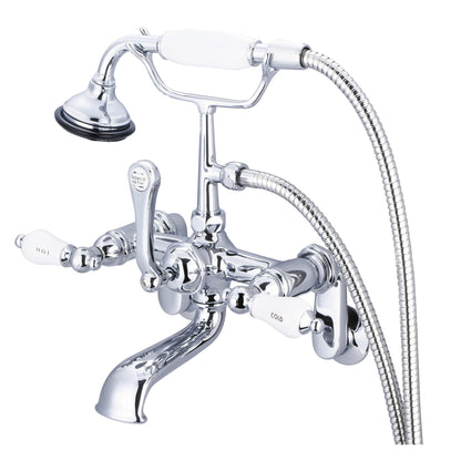 Water Creation Vintage Classic Adjustable Center Deck Mount Tub F6-0009 7" Silver Solid Brass Faucet With Swivel Wall Connector And Handheld Shower And Porcelain Lever Handles, Hot And Cold Labels Included