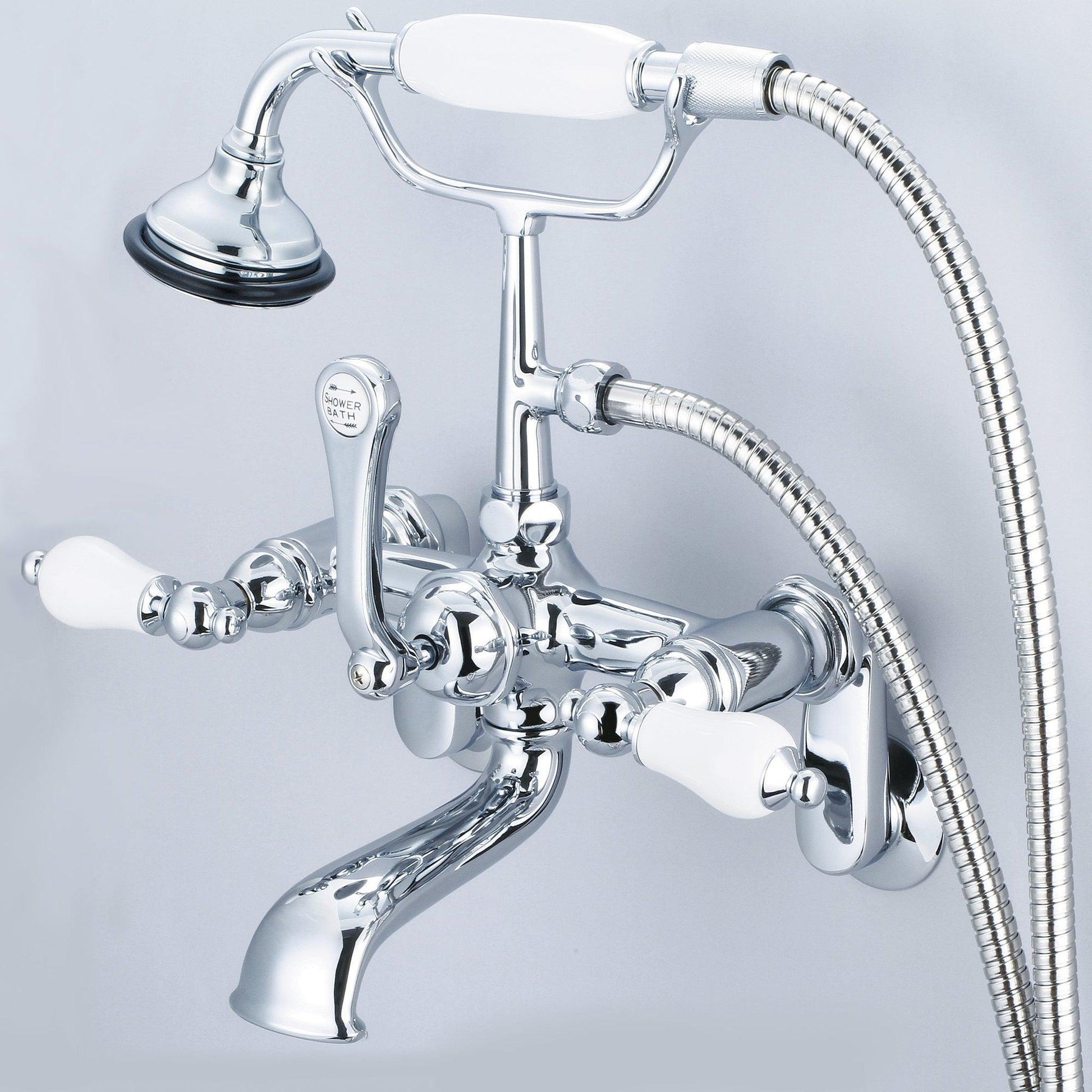 Water Creation Vintage Classic Adjustable Center Deck Mount Tub F6-0009 7" Silver Solid Brass Faucet With Swivel Wall Connector And Handheld Shower And Porcelain Lever Handles Without Labels