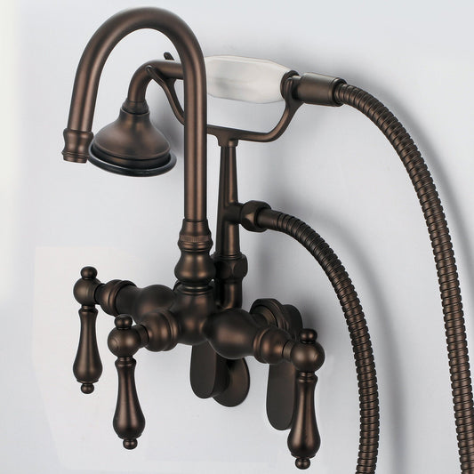 Water Creation Vintage Classic Adjustable Spread Wall Mount Tub F6-0011 9.25" Brown Solid Brass Faucet With Gooseneck Spout, Swivel Wall Connector And Handheld Shower And Metal Lever Handles Without Labels
