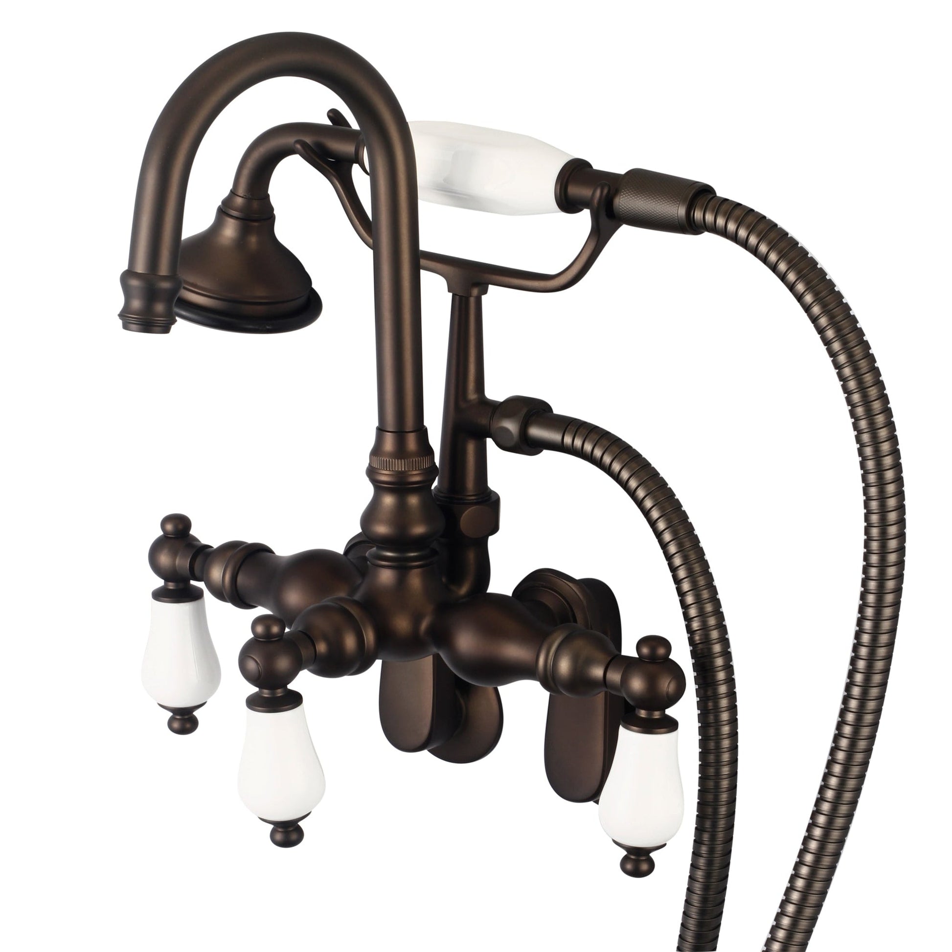 Water Creation Vintage Classic Adjustable Spread Wall Mount Tub F6-0011 9.25" Brown Solid Brass Faucet With Gooseneck Spout, Swivel Wall Connector And Handheld Shower And Porcelain Lever Handles, Hot And Cold Labels Included