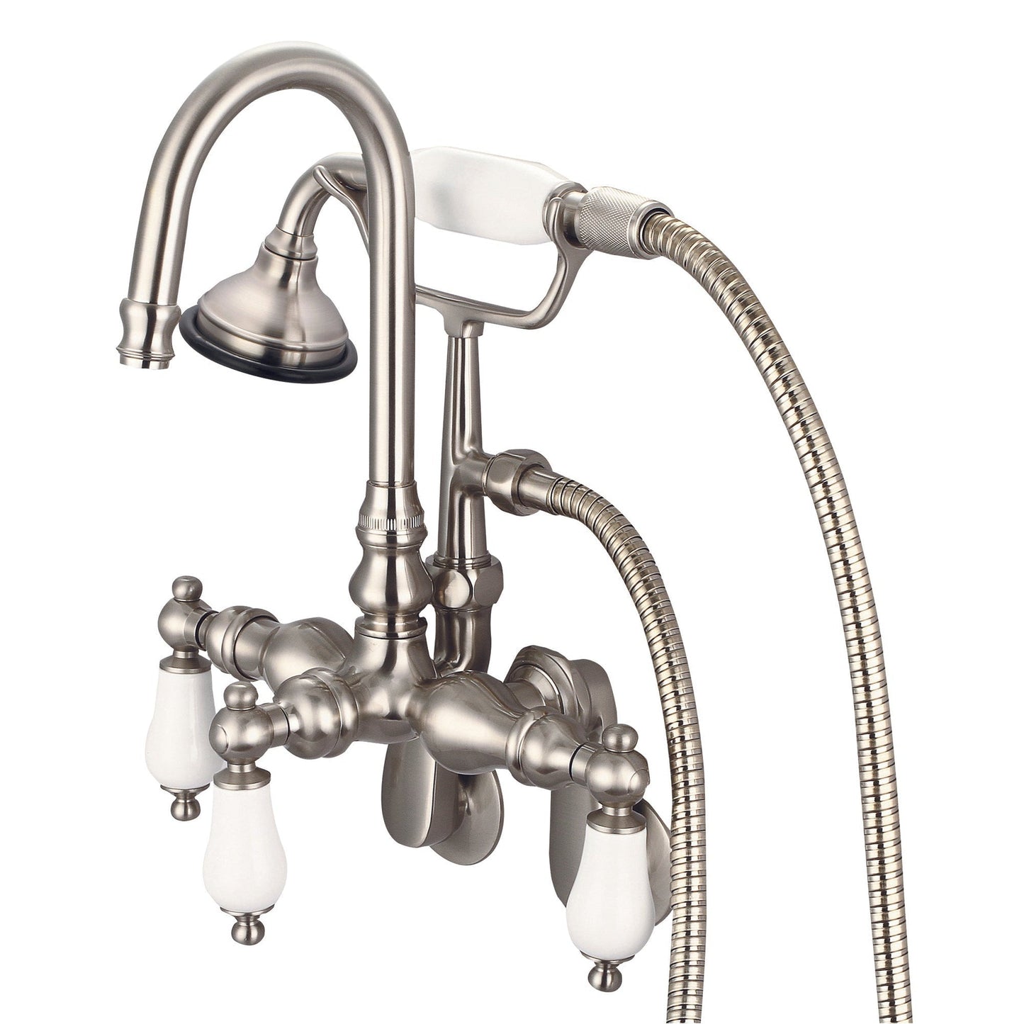 Water Creation Vintage Classic Adjustable Spread Wall Mount Tub F6-0011 9.25" Grey Solid Brass Faucet With Gooseneck Spout, Swivel Wall Connector And Handheld Shower And Porcelain Lever Handles, Hot And Cold Labels Included