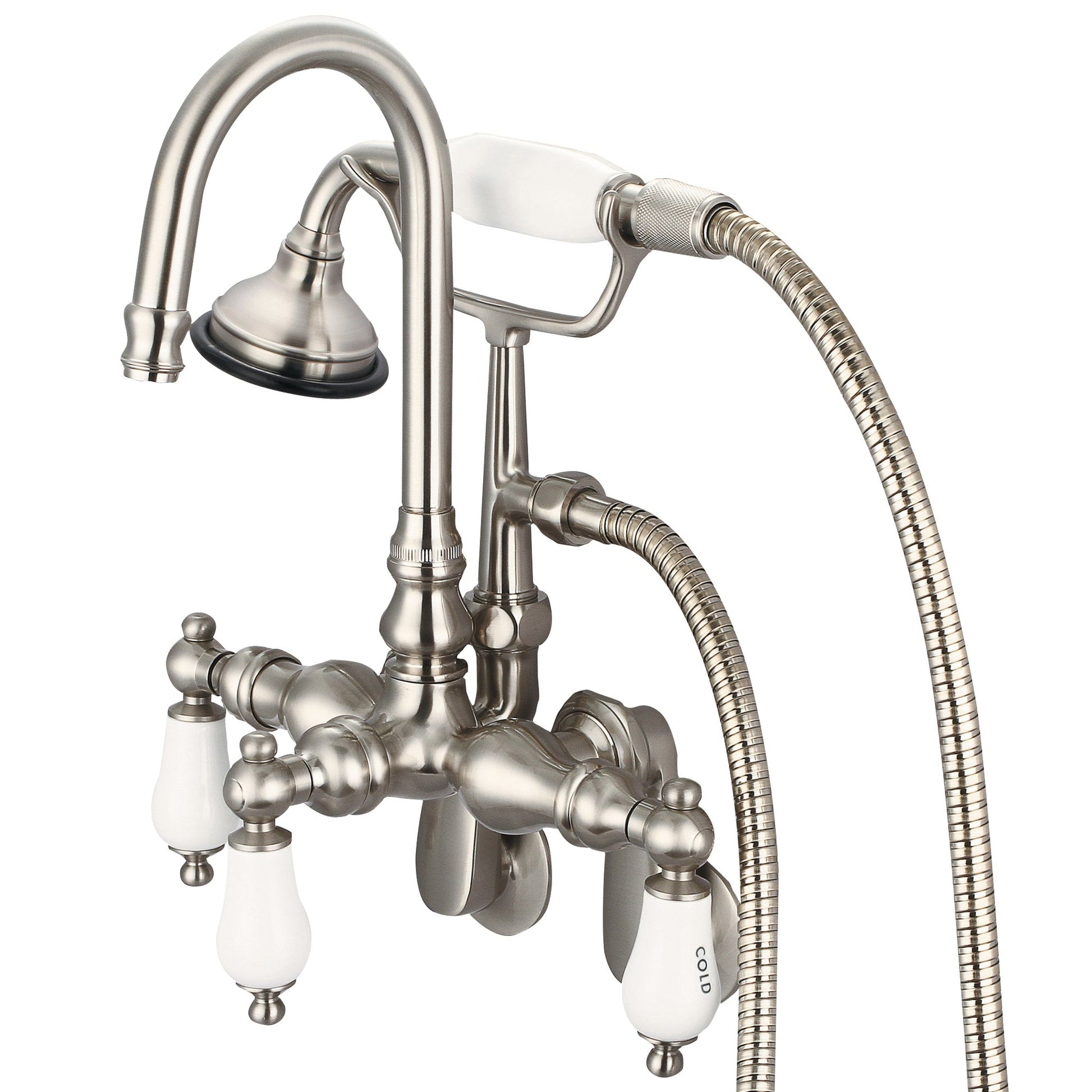 Water Creation Vintage Classic Adjustable Spread Wall Mount Tub F6-0011 9.25" Grey Solid Brass Faucet With Gooseneck Spout, Swivel Wall Connector And Handheld Shower And Porcelain Lever Handles, Hot And Cold Labels Included