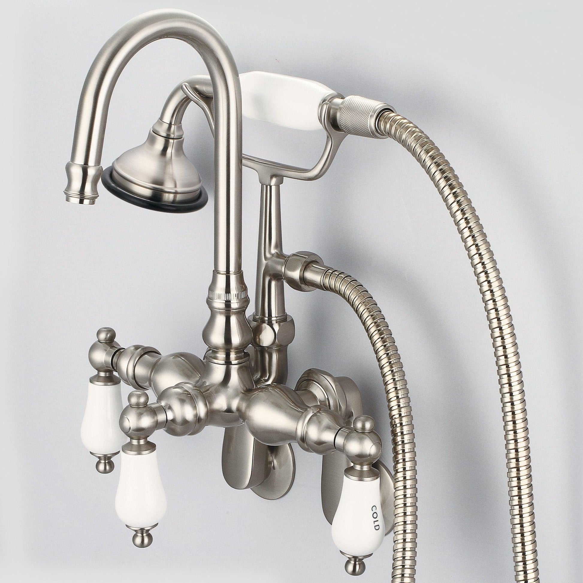 Water Creation Vintage Classic Adjustable Spread Wall Mount Tub F6-0011 9.25" Grey Solid Brass Faucet With Gooseneck Spout, Swivel Wall Connector And Handheld Shower And Porcelain Lever Handles, Hot And Cold Labels Included