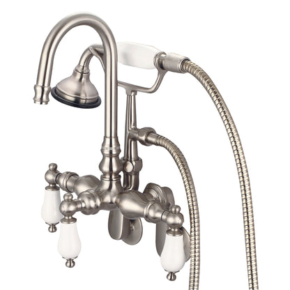 Water Creation Vintage Classic Adjustable Spread Wall Mount Tub F6-0011 9.25" Grey Solid Brass Faucet With Gooseneck Spout, Swivel Wall Connector And Handheld Shower And Porcelain Lever Handles Without Labels