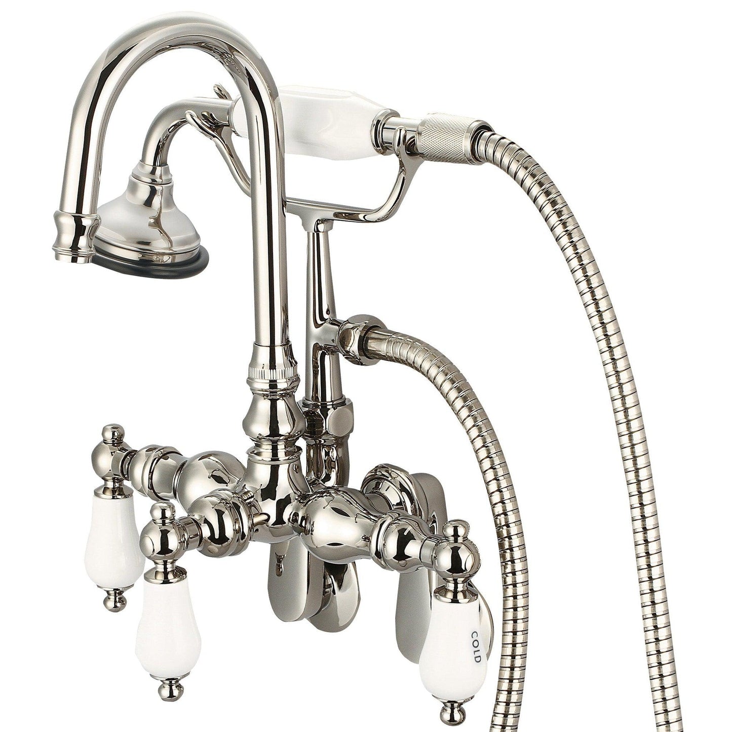 Water Creation Vintage Classic Adjustable Spread Wall Mount Tub F6-0011 9.25" Ivory Solid Brass Faucet With Gooseneck Spout, Swivel Wall Connector And Handheld Shower And Porcelain Lever Handles, Hot And Cold Labels Included