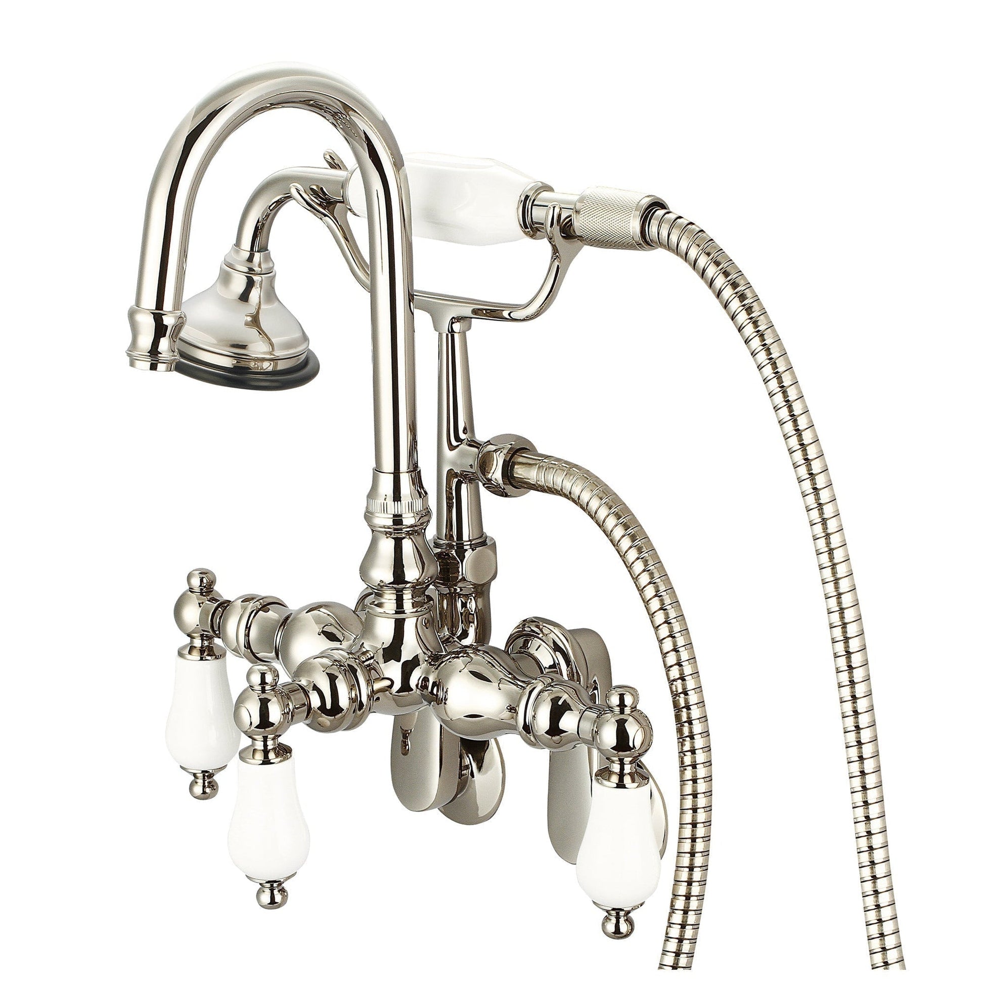 Water Creation Vintage Classic Adjustable Spread Wall Mount Tub F6-0011 9.25" Ivory Solid Brass Faucet With Gooseneck Spout, Swivel Wall Connector And Handheld Shower And Porcelain Lever Handles, Hot And Cold Labels Included