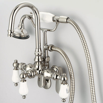 Water Creation Vintage Classic Adjustable Spread Wall Mount Tub F6-0011 9.25" Ivory Solid Brass Faucet With Gooseneck Spout, Swivel Wall Connector And Handheld Shower And Porcelain Lever Handles, Hot And Cold Labels Included