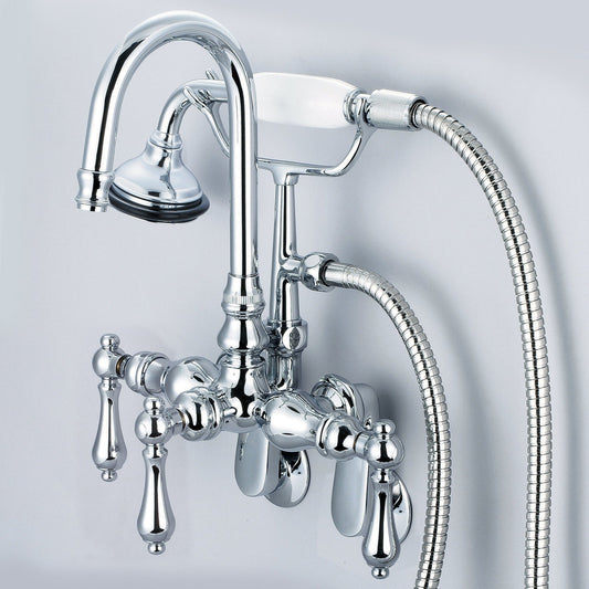 Water Creation Vintage Classic Adjustable Spread Wall Mount Tub F6-0011 9.25" Silver Solid Brass Faucet With Gooseneck Spout, Swivel Wall Connector And Handheld Shower And Metal Lever Handles Without Labels
