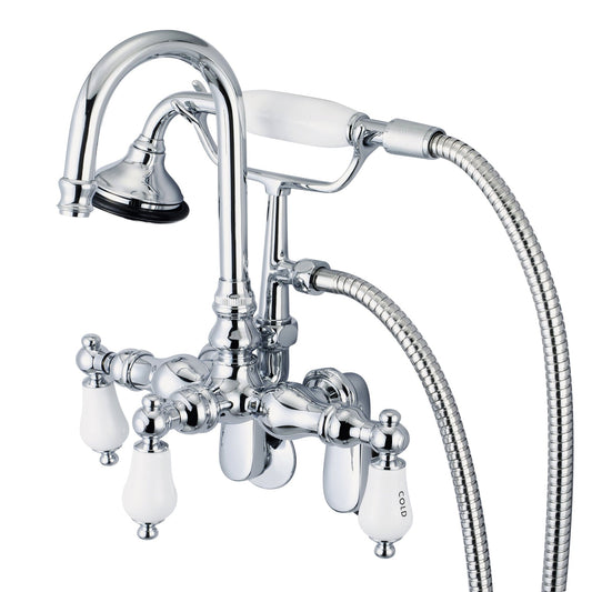 Water Creation Vintage Classic Adjustable Spread Wall Mount Tub F6-0011 9.25" Silver Solid Brass Faucet With Gooseneck Spout, Swivel Wall Connector And Handheld Shower And Porcelain Lever Handles, Hot And Cold Labels Included
