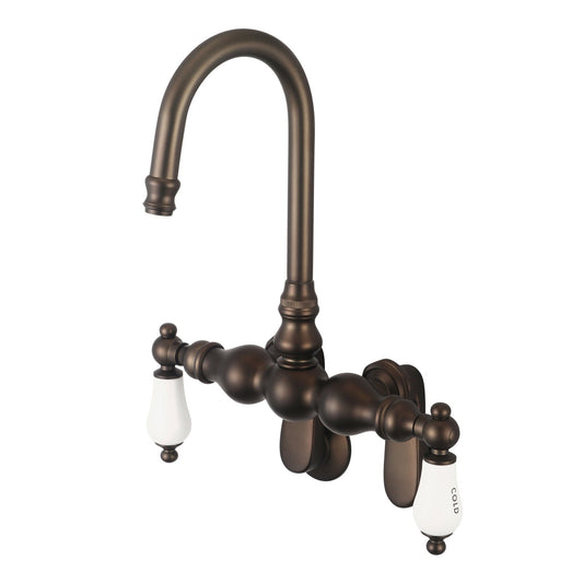 Water Creation Vintage Classic Adjustable Spread Wall Mount Tub F6-0015 9.25" Brown Solid Brass Faucet With Gooseneck Spout And Swivel Wall Connector And Porcelain Lever Handles, Hot And Cold Labels Included