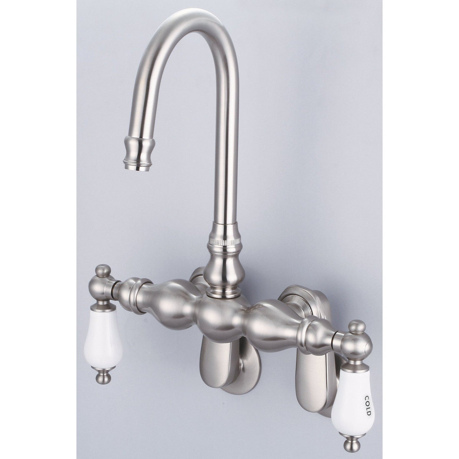 Water Creation Vintage Classic Adjustable Spread Wall Mount Tub F6-0015 9.25" Grey Solid Brass Faucet With Gooseneck Spout And Swivel Wall Connector And Porcelain Lever Handles, Hot And Cold Labels Included