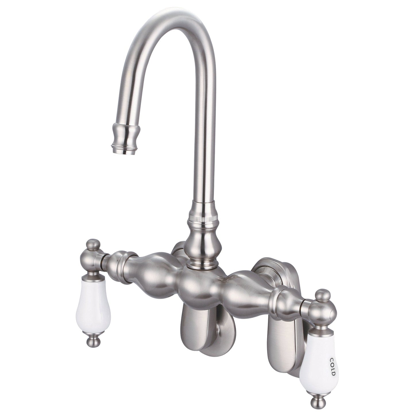 Water Creation Vintage Classic Adjustable Spread Wall Mount Tub F6-0015 9.25" Grey Solid Brass Faucet With Gooseneck Spout And Swivel Wall Connector And Porcelain Lever Handles, Hot And Cold Labels Included