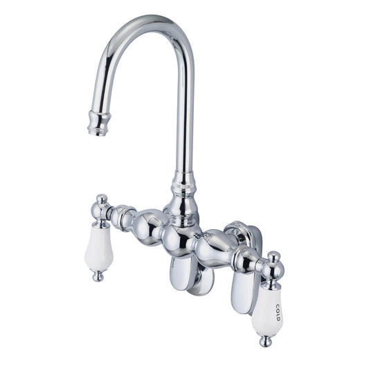 Water Creation Vintage Classic Adjustable Spread Wall Mount Tub F6-0015 9.25" Silver Solid Brass Faucet With Gooseneck Spout And Swivel Wall Connector And Porcelain Lever Handles, Hot And Cold Labels Included