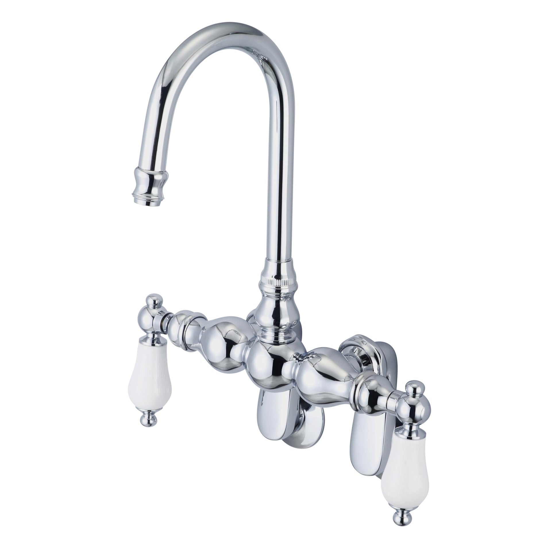 Water Creation Vintage Classic Adjustable Spread Wall Mount Tub F6-0015 9.25" Silver Solid Brass Faucet With Gooseneck Spout And Swivel Wall Connector And Porcelain Lever Handles Without Labels
