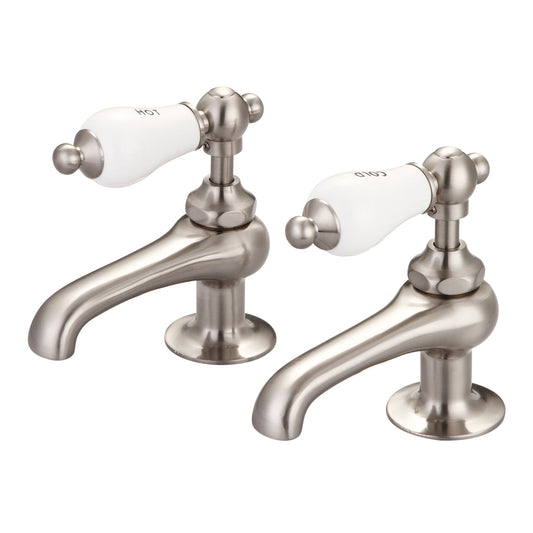 Water Creation Vintage Classic Basin Cocks Lavatory F1-0003 1.88" Grey Solid Brass Faucet With Porcelain Lever Handles, Hot And Cold Labels Included