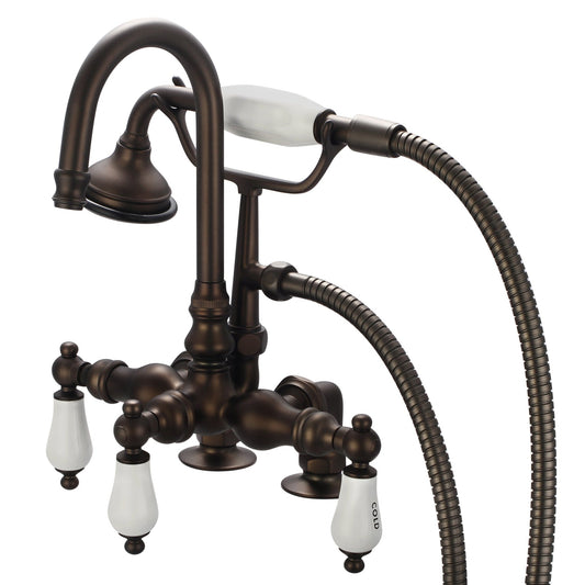 Water Creation Vintage Classic Center Deck Mount Tub F6-0013 9.25" Brown Solid Brass Faucet With Gooseneck Spout, 2-Inch Risers And Handheld Shower And Porcelain Lever Handles, Hot And Cold Labels Included