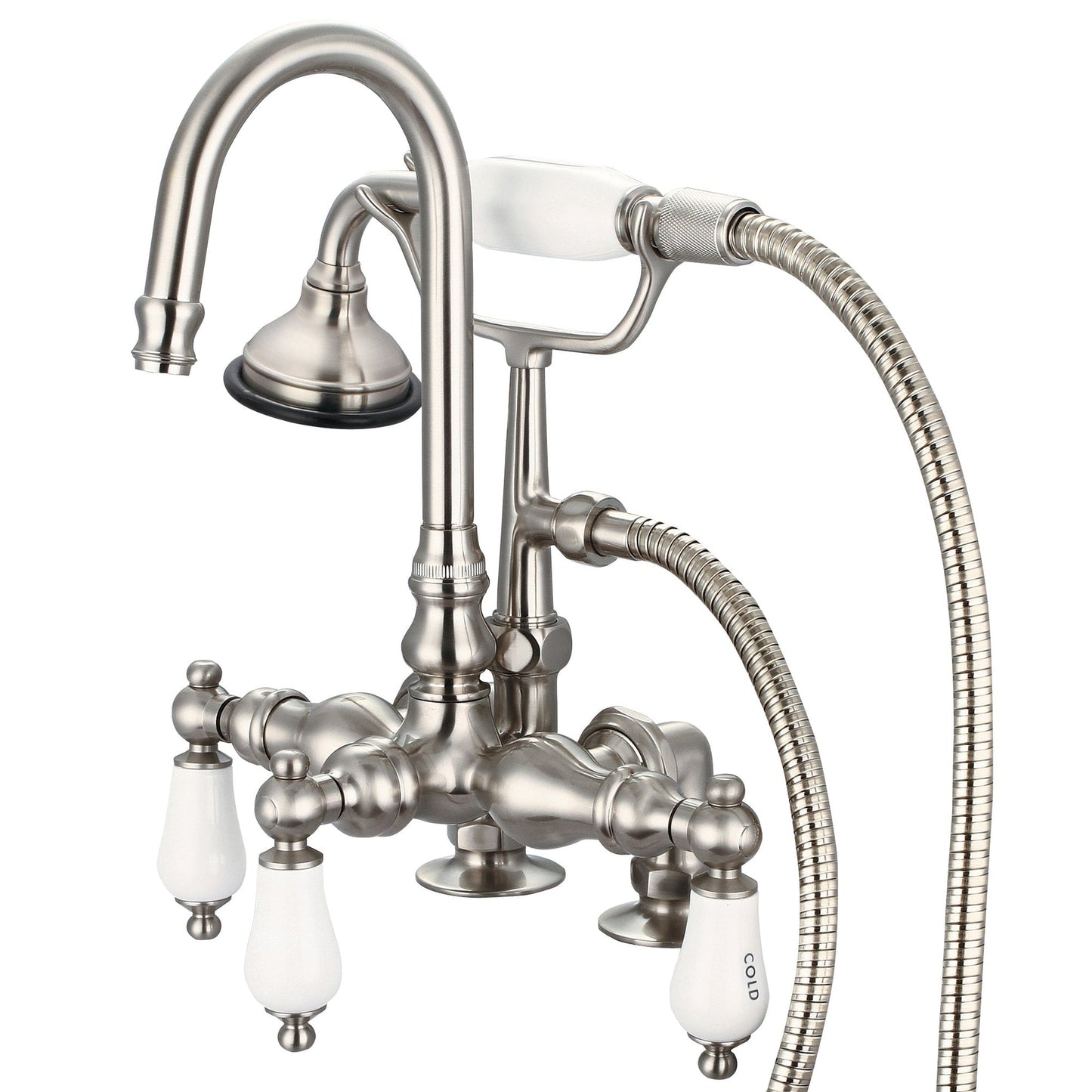 Water Creation Vintage Classic Center Deck Mount Tub F6-0013 9.25" Grey Solid Brass Faucet With Gooseneck Spout, 2-Inch Risers And Handheld Shower And Porcelain Lever Handles, Hot And Cold Labels Included