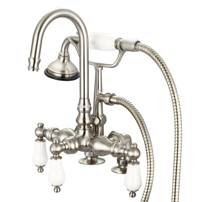 Water Creation Vintage Classic Center Deck Mount Tub F6-0013 9.25" Grey Solid Brass Faucet With Gooseneck Spout, 2-Inch Risers And Handheld Shower And Porcelain Lever Handles Without Labels