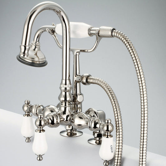 Water Creation Vintage Classic Center Deck Mount Tub F6-0013 9.25" Ivory Solid Brass Faucet With Gooseneck Spout, 2-Inch Risers And Handheld Shower And Porcelain Lever Handles, Hot And Cold Labels Included