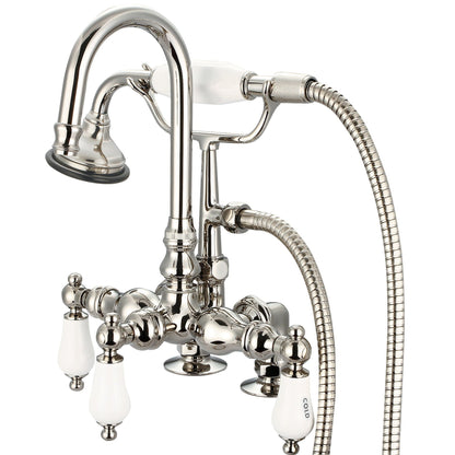 Water Creation Vintage Classic Center Deck Mount Tub F6-0013 9.25" Ivory Solid Brass Faucet With Gooseneck Spout, 2-Inch Risers And Handheld Shower And Porcelain Lever Handles, Hot And Cold Labels Included