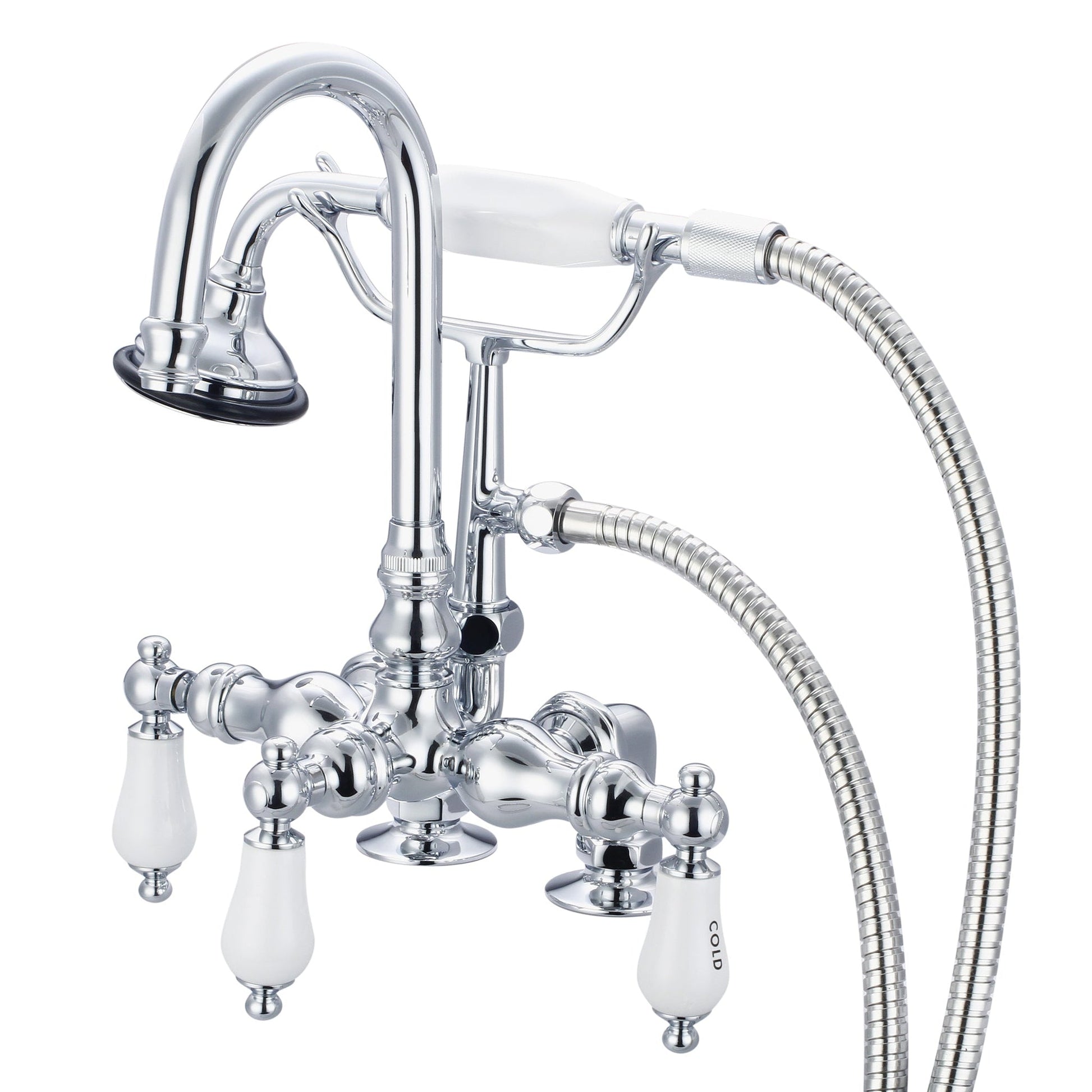 Water Creation Vintage Classic Center Deck Mount Tub F6-0013 9.25" Silver Solid Brass Faucet With Gooseneck Spout, 2-Inch Risers And Handheld Shower And Porcelain Lever Handles, Hot And Cold Labels Included