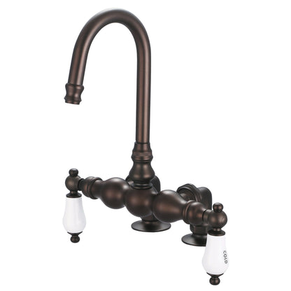 Water Creation Vintage Classic Center Deck Mount Tub F6-0016 9.25" Brown Solid Brass Faucet With Gooseneck Spout And 2-Inch Risers And Porcelain Lever Handles, Hot And Cold Labels Included