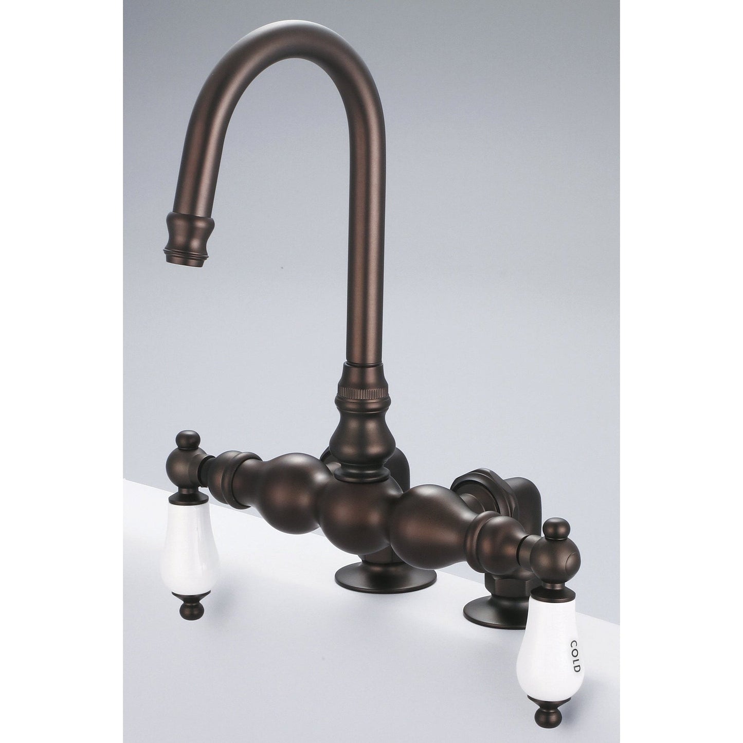 Water Creation Vintage Classic Center Deck Mount Tub F6-0016 9.25" Brown Solid Brass Faucet With Gooseneck Spout And 2-Inch Risers And Porcelain Lever Handles, Hot And Cold Labels Included